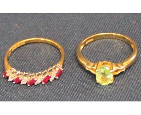 18ct gold ruby &amp; diamond set ring and 18ct gold peridot solitaire set ring, total weight 5.58g size N / O