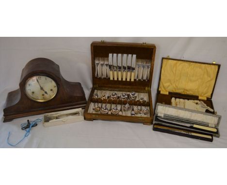 1930's mantel clock, boxed half canteen of cutlery etc