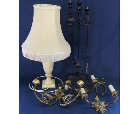 Companion set, 3 brass wall mounted light fitments, brass coal scissors &amp; onyx table lamp