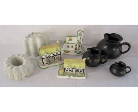 Coalport 'The Coaching Inn' (missing sign) - 'Elizabethan Cottage' - 'Village Church', 3 x Prinknash Abbey Caldey pottery jug