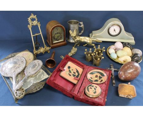 Small Edwardian mahogany mantel clock marked Astral Coventry, brass fox, selection of marble eggs, Winchester brass nut crack