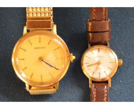 9ct gold Garrard ladies quartz wrist watch with leather strap &amp; inscription to back &amp; a Zenith ladies gold plated wri