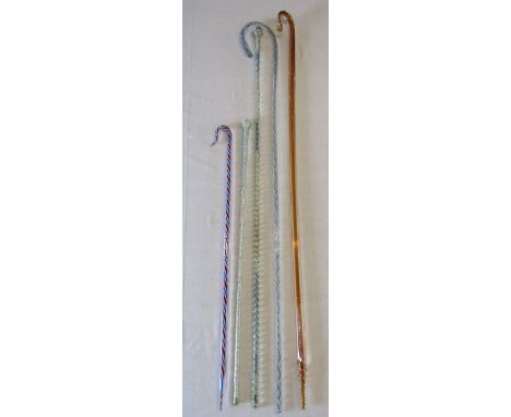 5 glass walking canes - clear glass Shepherd's crook&nbsp;with bold opaque white, red and blue spiralling - clear glass Sheph