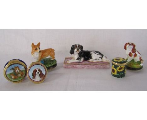 Halcyon Days English enamel 'Working Dogs' and spaniel trinket box, Bonbonniere Cavalier King Charles Spaniel and Pembroke We