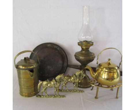 Collection of brass including oil lamp, kettle etc