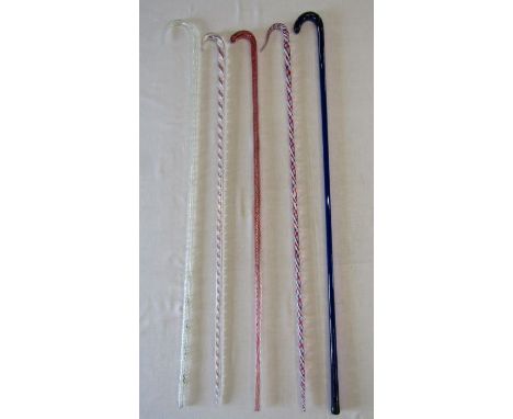 5 glass canes - plain blue glass walking stick - clear glass spirally moulded walking stick - clear glass incised waling stic