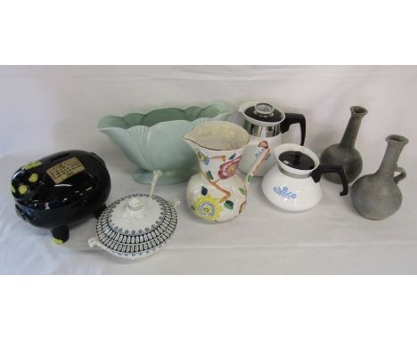 Dartmouth Devon tulip vase, Arthur wood jug, Prince William ware piggy bank, Pyrosil blue cornflower coffee pot etc