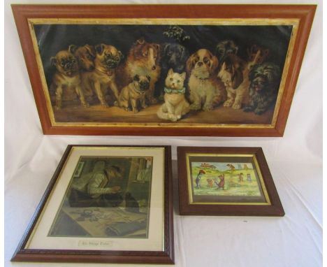 3 framed prints - Louis Wain 'Under the Mistletoe' - Louis Wain 'The Golf Match' and The Village Tailor