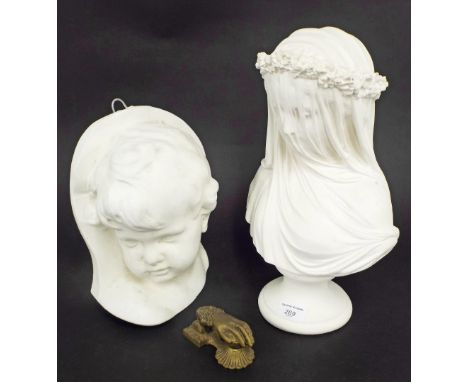 Faux marble plaster bust of a lady in a veil, 15" high; together with a further plaster moulding of a boy's face and a novelt