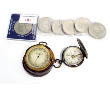 Casella & Co. brass pocket barometer in the original Morocco leather case (at fault); pocket compass and six assorted Queen E