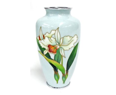 Japanese cloisonne baluster vase decorated with an orchid upon a light blue ground, mid 20th century, 7.5" high