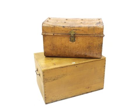 Twin handled pine trunk, 20" high x 34" wide and 20.5" deep; together with a further painted steel trunk (2)