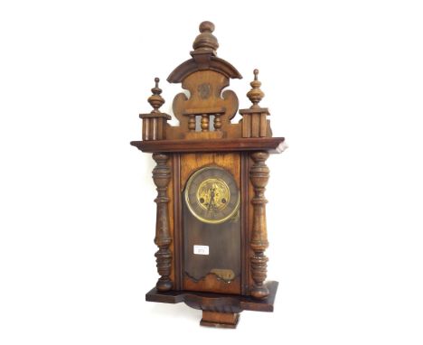 Late 19th century Vienna walnut two train spring driven wall clock, 29" high (no pendulum)