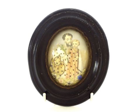19th Century School - miniature oval diorama portrait of a father and daughter decorated in relief with robes and flowers, ov