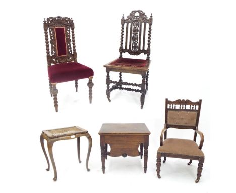 Mixed lot of furniture to include two similar hall chairs with carved backs and stuffover seats, bergere work stool, Victoria