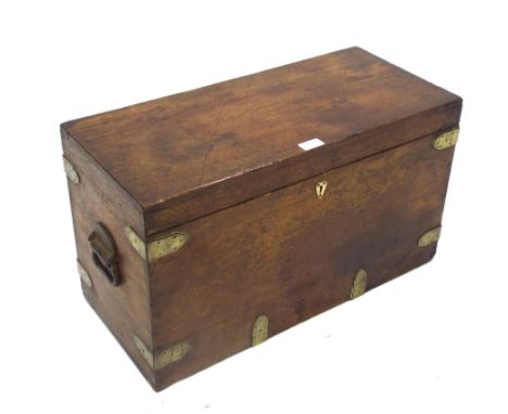 19th century teak and brass bound travelling trunk with heart shaped escutcheon and twin iron handles, 14" high x 24.5" wide 