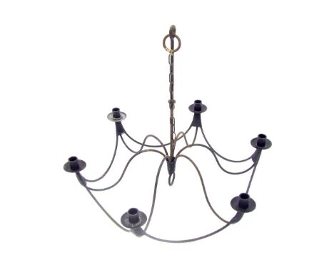 Arts & Crafts style iron six branch candle ceiling light, 21" high