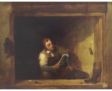 Paul Wilkinson (19th century) - Cobbler reading a newspaper in his workshop, signed, oil on board, 19" x 25"