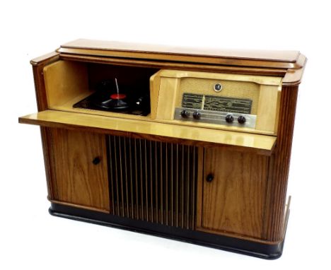 Rare and good 1950s Erres teak radiogram, fitted with a British Garrard R.C.80 record player, 47" wide, 33" high