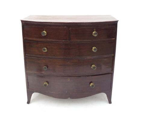 Early 19th century mahogany bow front chest of drawers fitted with two short over three long drawers upon bracket feet, 42" h