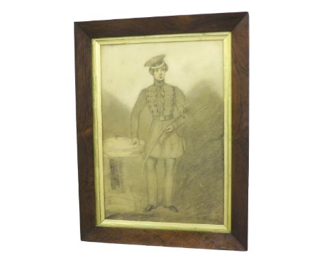 English School (19th century) - Portrait of a young officer, standing beside a table, holding a sword on his left arm, pencil