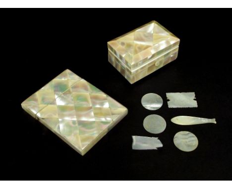Mother of pearl card case with diaper pattern, 4.25" long; together with a mother of pearl trinket box, the hinged lid enclos