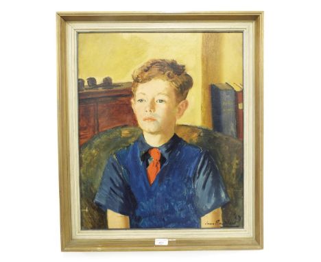 James Proudfoot (1908-1971) - portrait of Michael Proudfoot aged 9, seated wearing a blue jumper and red tie, signed and date