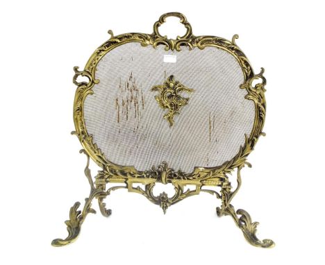 French cast metal fire screen in the rococo manner the mesh grill centrally fitted with an ormolu mount, 28" high x 25" wide