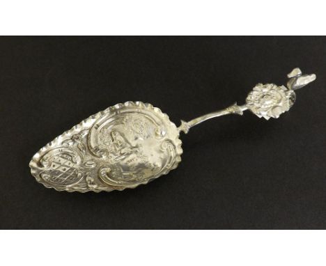 Dutch early 19th century silver novelty caddy spoon mounted by a duck, the bowl embossed with recumbent cattle within scrolle