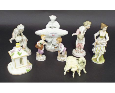 Collection of eight Continental and English porcelain figures to include pair of Capo di Monte children, one with birds the o