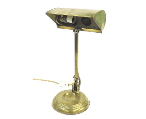 Early 20th century cast brass bankers light with interesting circular hinged bracket inscribed 'British Pat no. 342705', 17" 