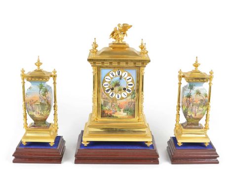 19th French three-piece clock garniture, 8-day movement with brocket escapement striking on a single gong, ceramic panels to 