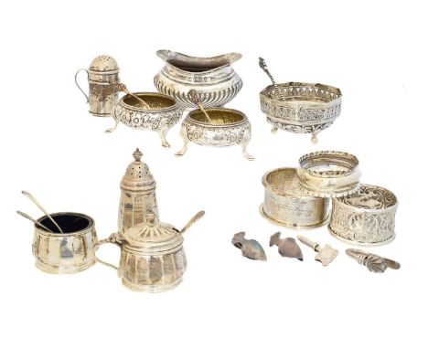 A selection of silver, to include a pair of silver salts by Martin Hall &amp; Co., napkin rings, napkin clips, cruet set, etc