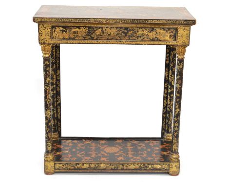 Chinese lacquer work console table, black ground with gilt chinoiserie, rectangular top, four-inch frieze supporting single d