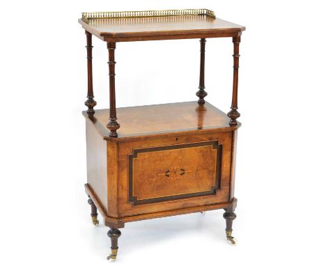 Victorian burr walnut music canterbury, top shelf with brass gallery supported on turned and fluted columns, lower box sectio