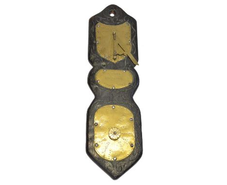 Sundial mounted on carved oak board signed R. Haines, Wakefield.length 66cm (26")Condition report: Reconstructed using old ma