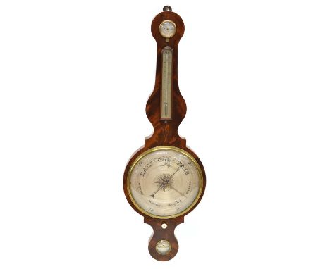 Wheel barometer by Agnew &amp; Zanetti, Manchester, mahogany case containing hydrometre, thermometer, 12" dial and spirit lev