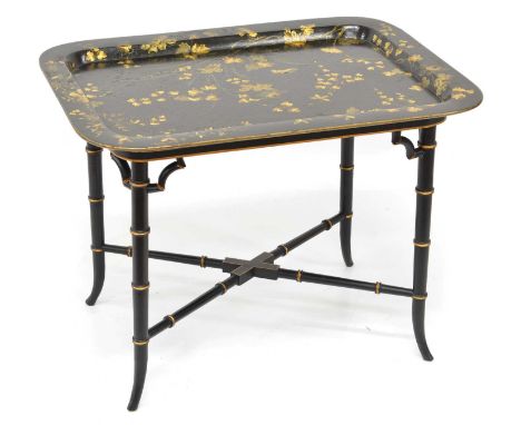 Late 20th-century papier-mache rectangular tea tray, decorated with wildflowers and leaves on a black ground all standing on 