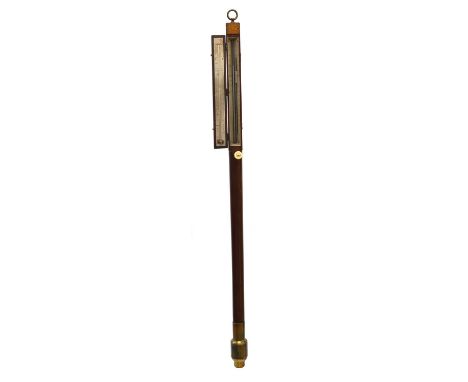 Stick Barometer Cary, London, turned mahogany case, hinged cover with silvered gauges supporting thermometer and vernia, bras