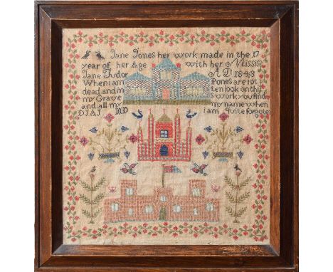 Victorian sampler, linen base with cotton cross-stitch, dated 1843. 39cm x 36cm38cm (15") x 36cm (14")Condition report: Small