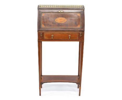 Edwardian mahogany miniature ladies writing bureau, fretwork gallery top, flap with white wood shell inlay, interior with flo