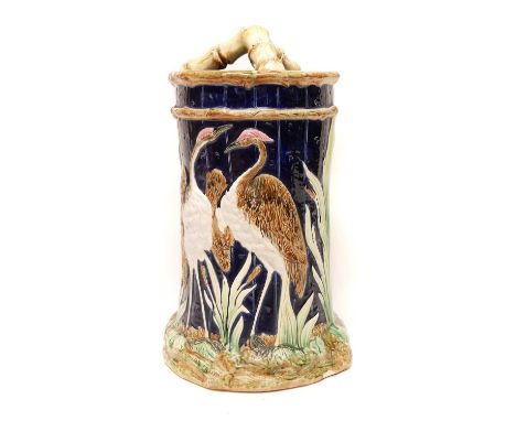 Thomas Forester Majolica stick stand moulded and impressed with Stork and Numidian Crane, late 19th century. 60cm high Condit