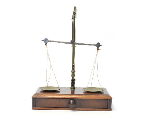 Early 19th-century beam scales, brass and steel figured mahogany box base containing single drawer with a selection of weight