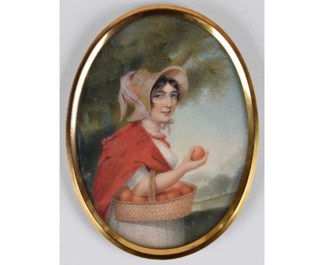 In gilt-metal mount, erroneously inscribed on label by Charlotte Thicke, oval, watercolour on ivory13cm x 9.5cm (5in x 3.75in