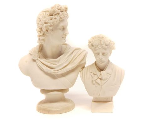 Robinson &amp; Leadbeter bust Paderewski, together with another Parian bust of Apollo, late 19th century.Apollo measures 27.5