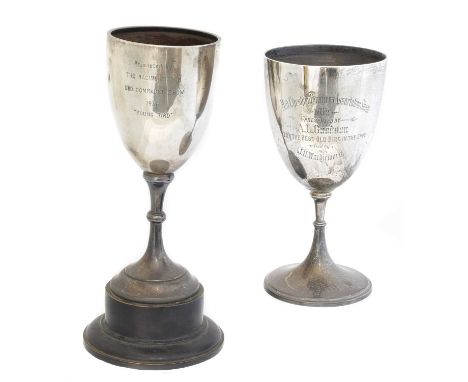 Two silver pigeon racing trophies, one with wooden plinth, Ollivant &amp; Botsford, London, 1912 and Birmingham, 1937, height