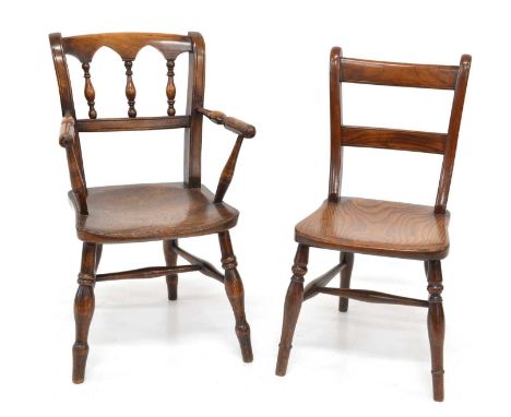 Mid 19th century beech and elm Thames Valley design child's open armchair, back with double Gothic arch, turned arms, saddle 