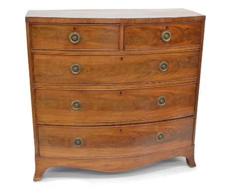 George III mahogany bow-front chest of drawers, top with ebony string, each drawer with cock beading, plate and ring pull bra