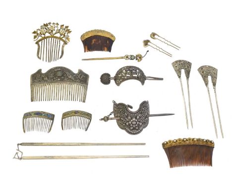 A selection of hair combs and pins, to include two Chinese enamelled silver hair combs, two seed pearl combs, and various gem