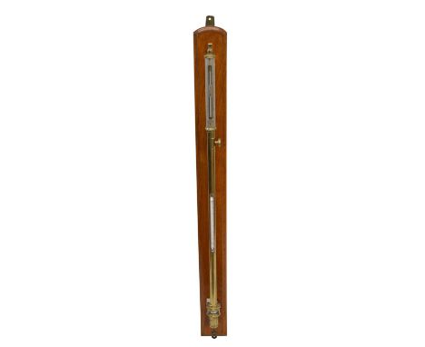 Stick barometer by Bird &amp; Tatlock, London Ltd., brass case, silvered dial and vernia, cistern with adjustment mechanism, 